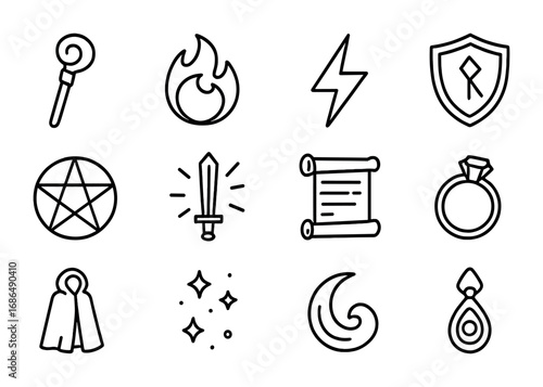 Magical Duel Icon Set. Outline icon set of magical duel: wizard staff, fireball, lightning bolt, shield rune,