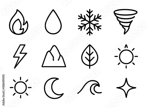 Elemental Magic Icons. Outline icon set of elemental magic: flame, water droplet, ice crystal, tornado,