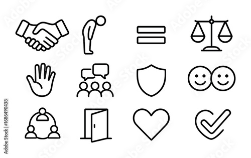 Mutual Respect Icon Set. Outline icon set of mutual respect: handshake, bowing figure, equal sign, balanced