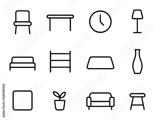 Minimalist Icon Set. Outline icon set of minimalist design: simple chair, plain table, wall clock, straight