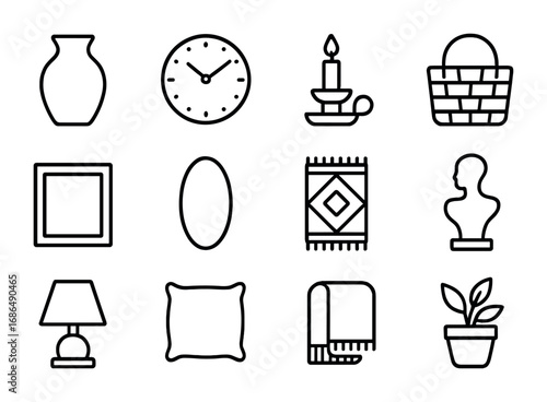 Decorative Accessories Icons. Outline icon set of decorative accessories: vase, clock, candle holder, basket,