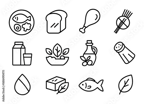 Diet Icon Set. Outline icon set of special diets: keto plate, low-carb bread, paleo meat, gluten-free pasta,