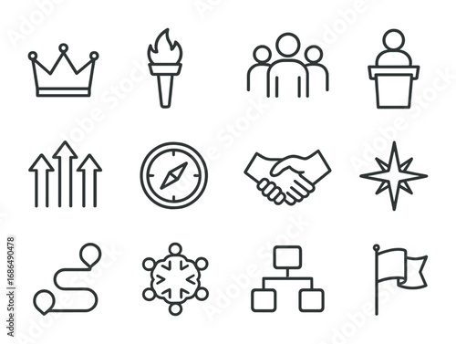 Youth Leadership Icons. Outline icon set of youth leadership: crown, torch, group leader, podium, arrows