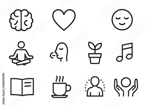 Youth Wellness Icons. Outline icon set of mental well-being for youth: brain, heart, calm face, yoga pose,