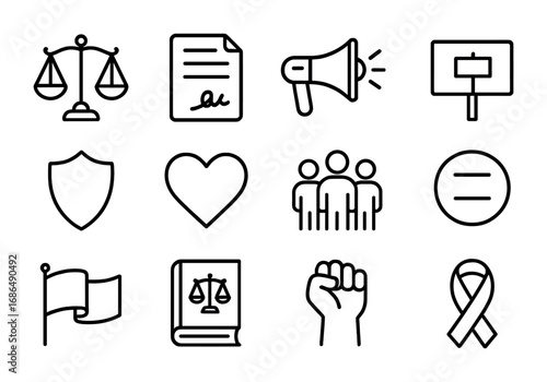 Youth Rights Icons. Outline icon set of youth rights and advocacy: scales of justice, contract, megaphone,