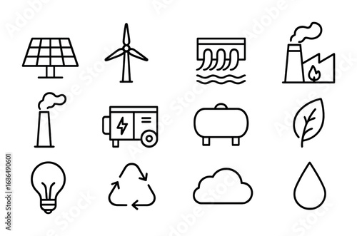 Eco-Friendly Icons Grid. Outline icon set of eco-friendly power plants: solar panel, wind turbine, hydro dam,