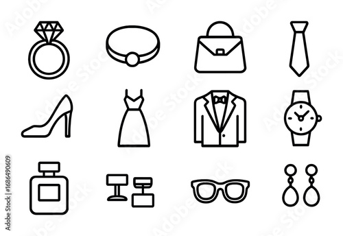Luxury Fashion Icons. Outline icon set of luxury fashion: diamond ring, gold bracelet, designer bag, silk tie,