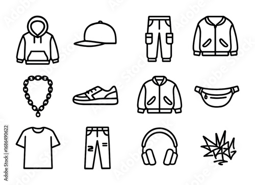 Streetwear Icon Set. Outline icon set of streetwear style: hoodie, snapback cap, sneakers, cargo pants, chain