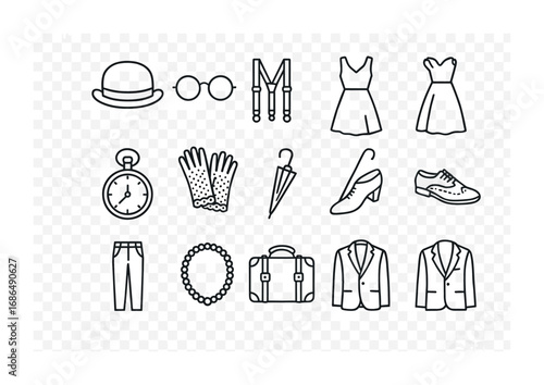 Vintage Fashion Icons. Outline icon set of vintage fashion: bowler hat, round sunglasses, suspenders, retro