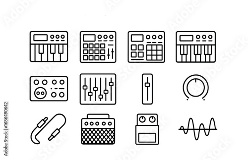 Music Production Icons. Outline icon set of music production tools: synthesizer, drum machine, sampler, midi