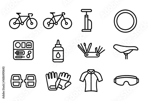 Cycling Gear Icons. Outline icon set of cycling equipment: road bike, mountain bike, pump, spare tire, repair