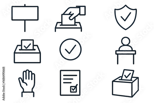 Election line icon set. Vote signs collection. Politics, democracy, and political campaign symbols. Ballot box, polling, president debate, and government vector pictograms.