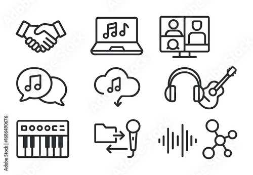 Music Collaboration Icons. Outline icon set of music collaboration: handshake, shared laptop, online meeting,