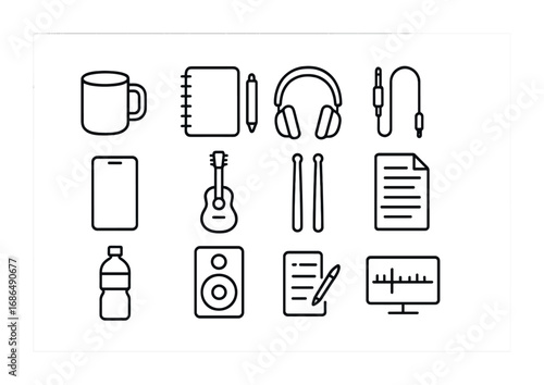 Recording Session Icons. Outline icon set of recording session essentials: coffee mug, notebook, pen,