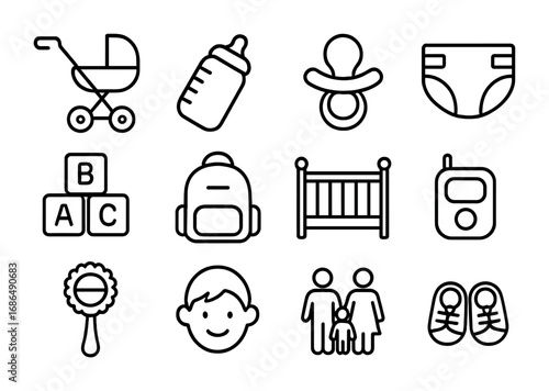 Parenting Travel Icons. Outline icon set of parenting while traveling: stroller, baby bottle, pacifier, diaper