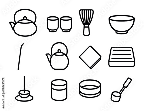 Japanese Tea Set Icons. Outline icon set of Japanese tea set: cast iron teapot, ceramic cups, bamboo whisk,