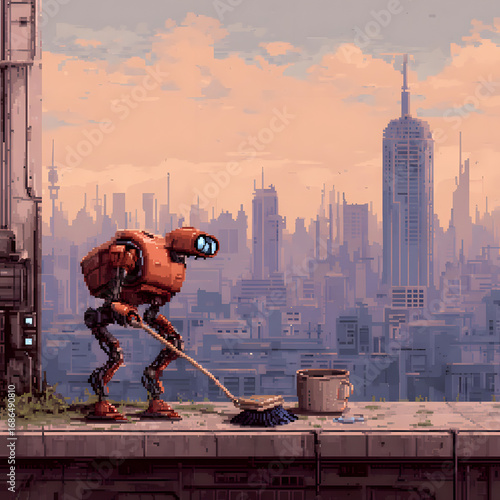 Futuristic Robot Cleaning a City Street at Sunset in Pixel Art Style