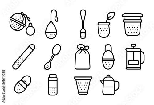 Tea Infuser Icons. Outline icon set of tea infusers: mesh ball, silicone infuser, stick infuser, basket