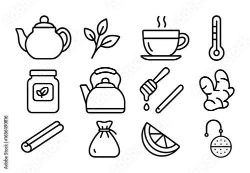 Medicinal Tea Icons. Outline icon set of medicinal tea brewing: teapot, herbs, glass cup, thermometer, tea