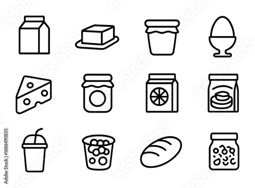 Breakfast Icon Set. Outline icon set of breakfast items in fridge: milk carton, butter, yogurt, cheese slice,