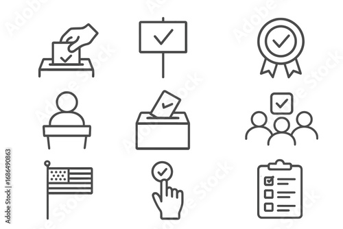 Election and voting thin line icon set. Political campaign and democracy concept. Ballot box, USA flag, voter choice, and candidate poll symbols for web and infographics. Vector.