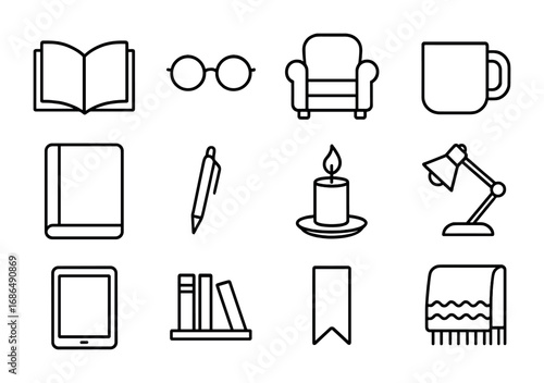 Café Reading Icons. Outline icon set of people reading in a café: open book, glasses, armchair, mug, notebook,