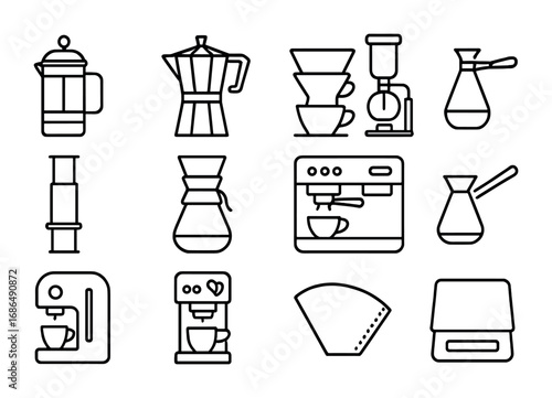 Coffee Brewing Icons. Outline icon set of coffee brewing methods: French press, moka pot, pour-over dripper,