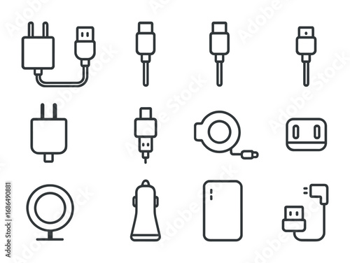 Mobile Cord Icon Set. Outline icon set of mobile device cords: phone charger, Lightning cable, USB-C cord,