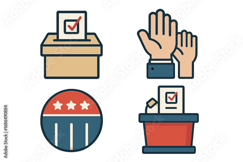 Election and voting line icon collection. Set of signs for political infographic, web, app. Ballot box, vote, campaign button, hands. Democracy, civic duty, poll concept.