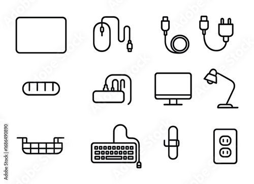 Desktop Cable Icons. Outline icon set of desktop cable organization: desk mat, mouse cable, headset cord,