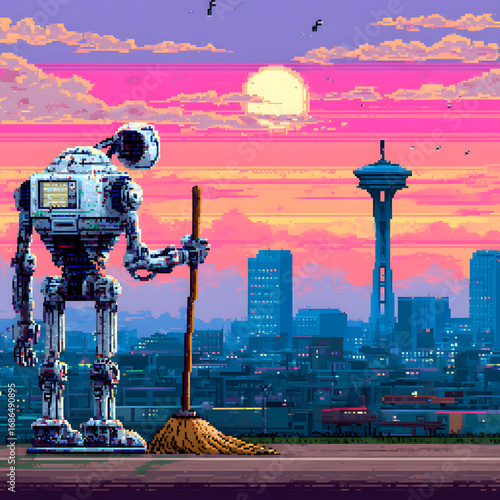 Futuristic Pixel Art Depicting Robot Cleaning Cityscape with Sunset Background