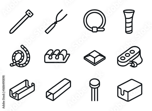 Cable Management Icons. Outline icon set of cable management tools: cable tie, twist tie, Velcro band, cord