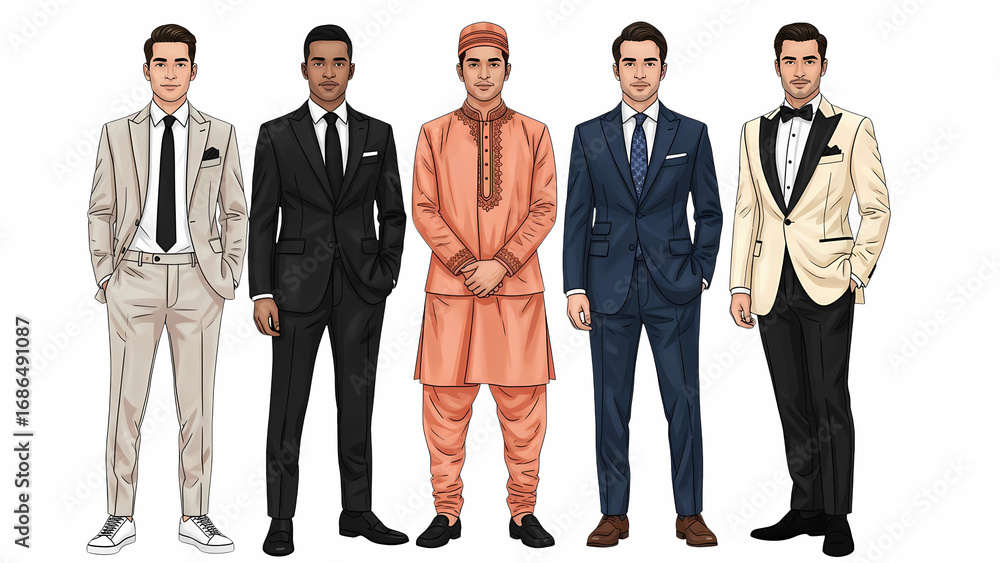 Obraz premium Men's fashion suits style guide formal wear business casual traditional attire outfit inspiration trends tips