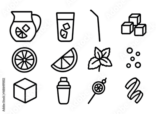 Lemonade Icon Set. Outline icon set of lemonade variations: pitcher, glass, straw, ice cubes, lemon slice,