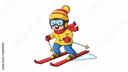 Cartoon illustration of a cute boy skiing down slope in winter sports activity for kids and family fun