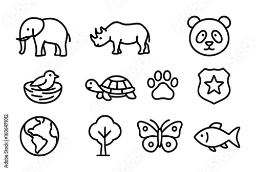 Wildlife Conservation Icons. Outline icon set of wildlife conservation: elephant, rhino, lion, panda, bird