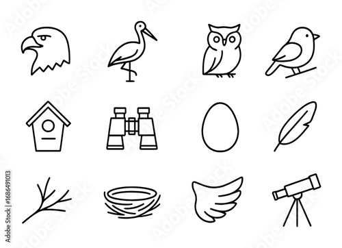 Bird Sanctuary Icons. Outline icon set of bird sanctuaries: eagle, stork, owl, songbird, birdhouse, binoculars