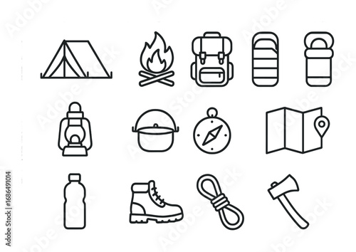 Camping Icon Set. Outline icon set of camping in reserves: tent, campfire, backpack, sleeping bag, lantern,