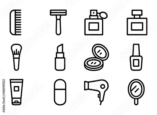 Grooming Essentials Icons. Outline icon set of grooming before business event: hair comb, razor, perfume,