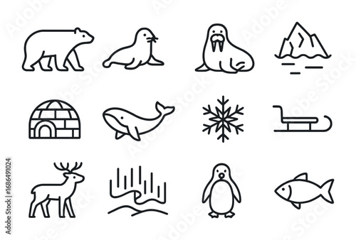 Arctic Outline Icons. Outline icon set of Arctic reserves: polar bear, seal, walrus, iceberg, igloo, whale,
