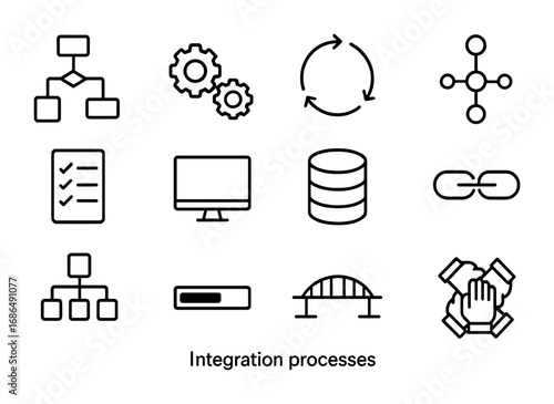 Integration Process Icons. Outline icon set of integration processes: workflow diagram, gears, arrows in