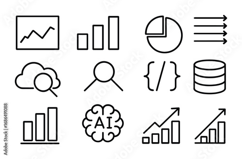 Big Data Icon Set. Outline icon set of big data analytics: data chart, stacked bars, pie chart, data flow,