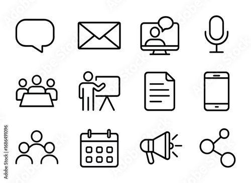 Communication Icon Set. Outline icon set of communication during mergers: chat bubble, email envelope, video
