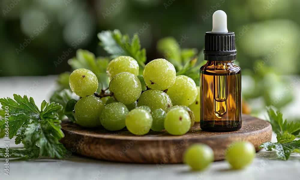 custom made wallpaper toronto digitalFresh green grapes and a dropper bottle of natural oil on a wooden board, surrounded by leaves
