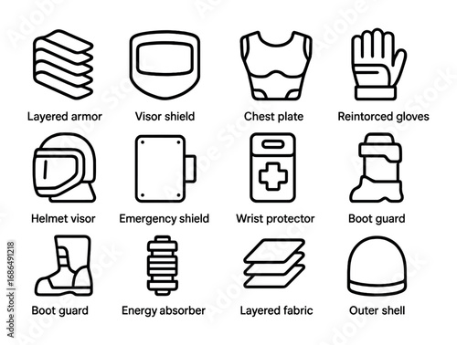 Radiation Protection Icons. Outline icon set of radiation and micrometeorite protection: layered armor, visor