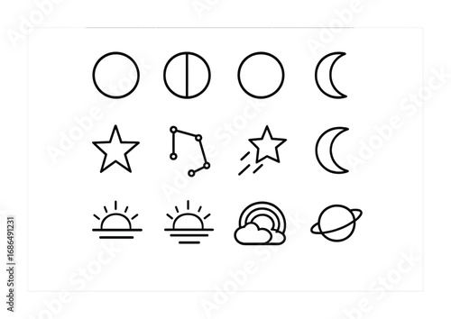 Sky Icons Collection. Outline icon set of sky-inspired nature art: moon phases, stars, constellation, shooting