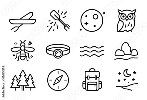 Night River Icons. Outline icon set of night river adventure: canoe, paddle splash, full moon, owl, glowing