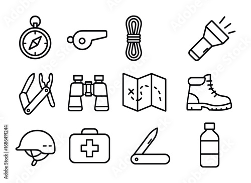 Survival Gear Icons. Outline icon set of survival gear for expeditions: compass, whistle, rope, flashlight,