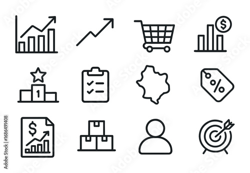 Sales Performance Icons. Outline icon set of sales performance tracking: sales chart, growth arrow, shopping