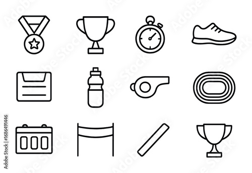Athletic Icon Set. Outline icon set of athletic competitions: medals, trophy, stopwatch, running shoes, race